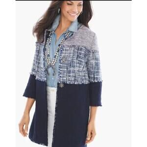 CHICOS Textured Colorblock Tweed Long Jacket Blazer Size Large (2) Navy Blue